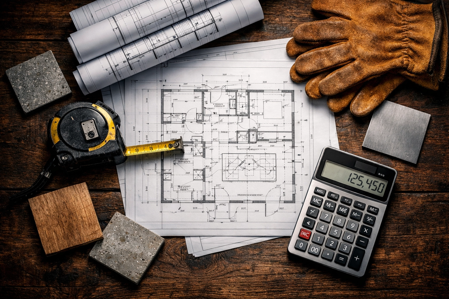 Construction blueprints, tools, and a calculator on a desk representing job costing and bookkeeping.