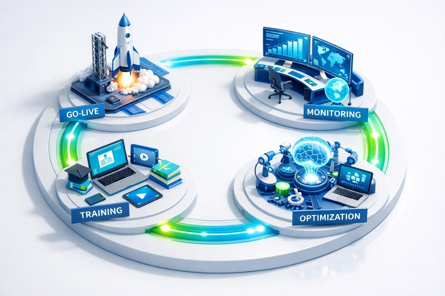 Continuous ServiceNow optimization cycle from implementation go-live through monitoring, training, and enhancement
