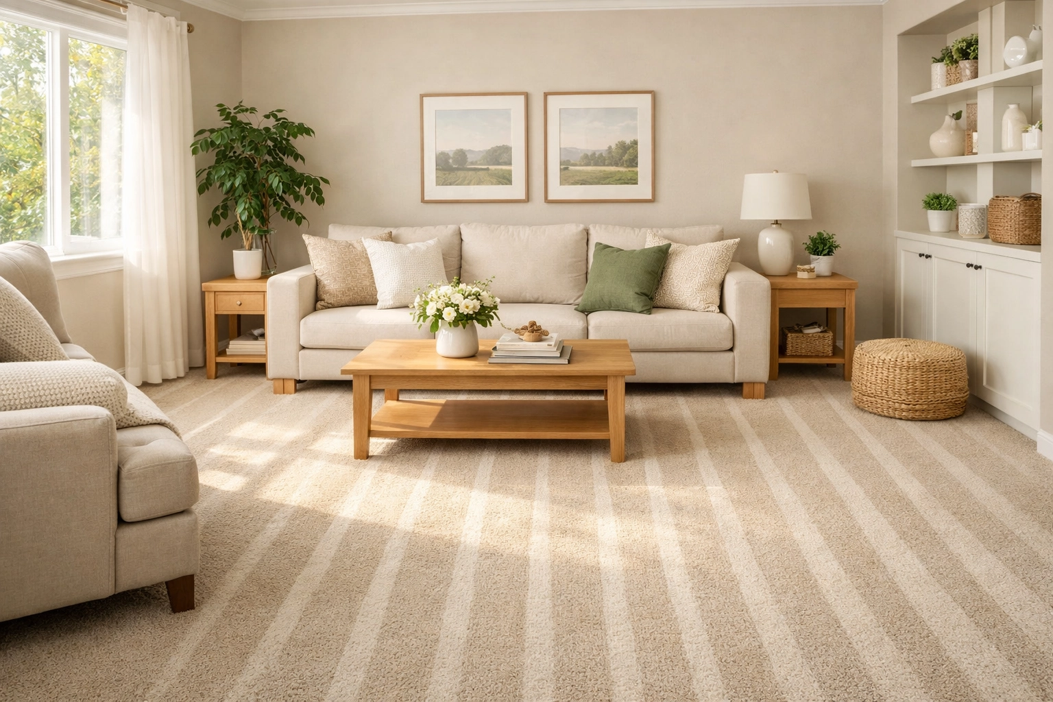 A stress-free, professionally cleaned living room with fresh vacuum lines in a Westchester home.