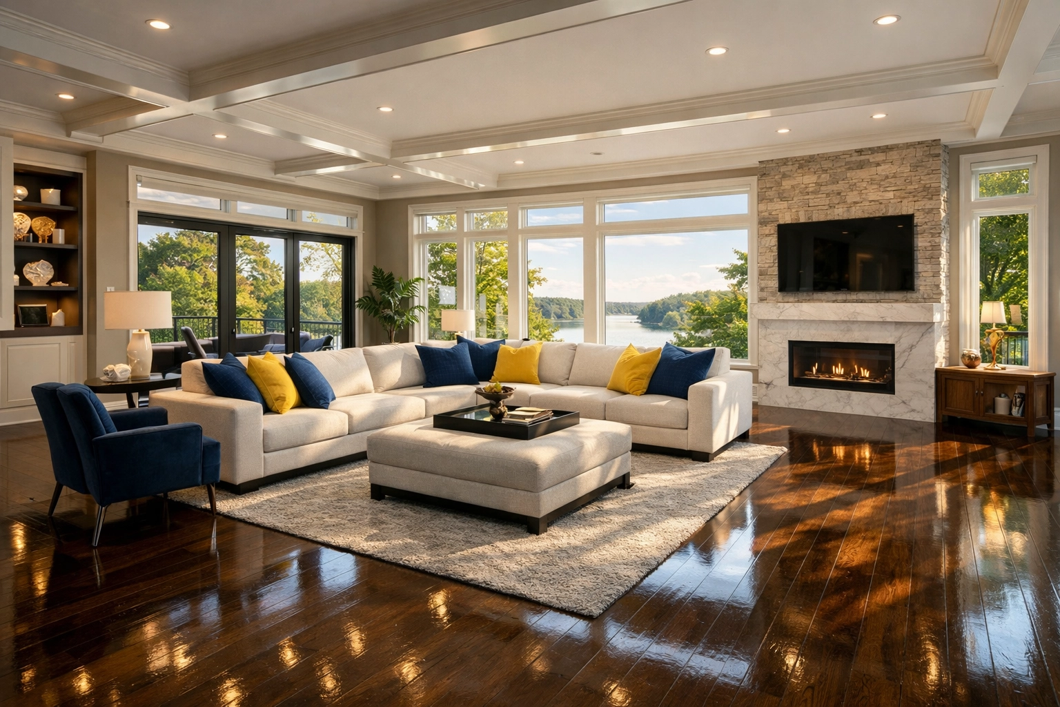 Sunlit living room with polished hardwood floors cleaned by professional house cleaning North Attleborough MA.