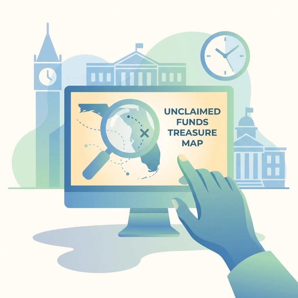 Searching for unclaimed foreclosure money in Florida with a digital treasure map and magnifying glass