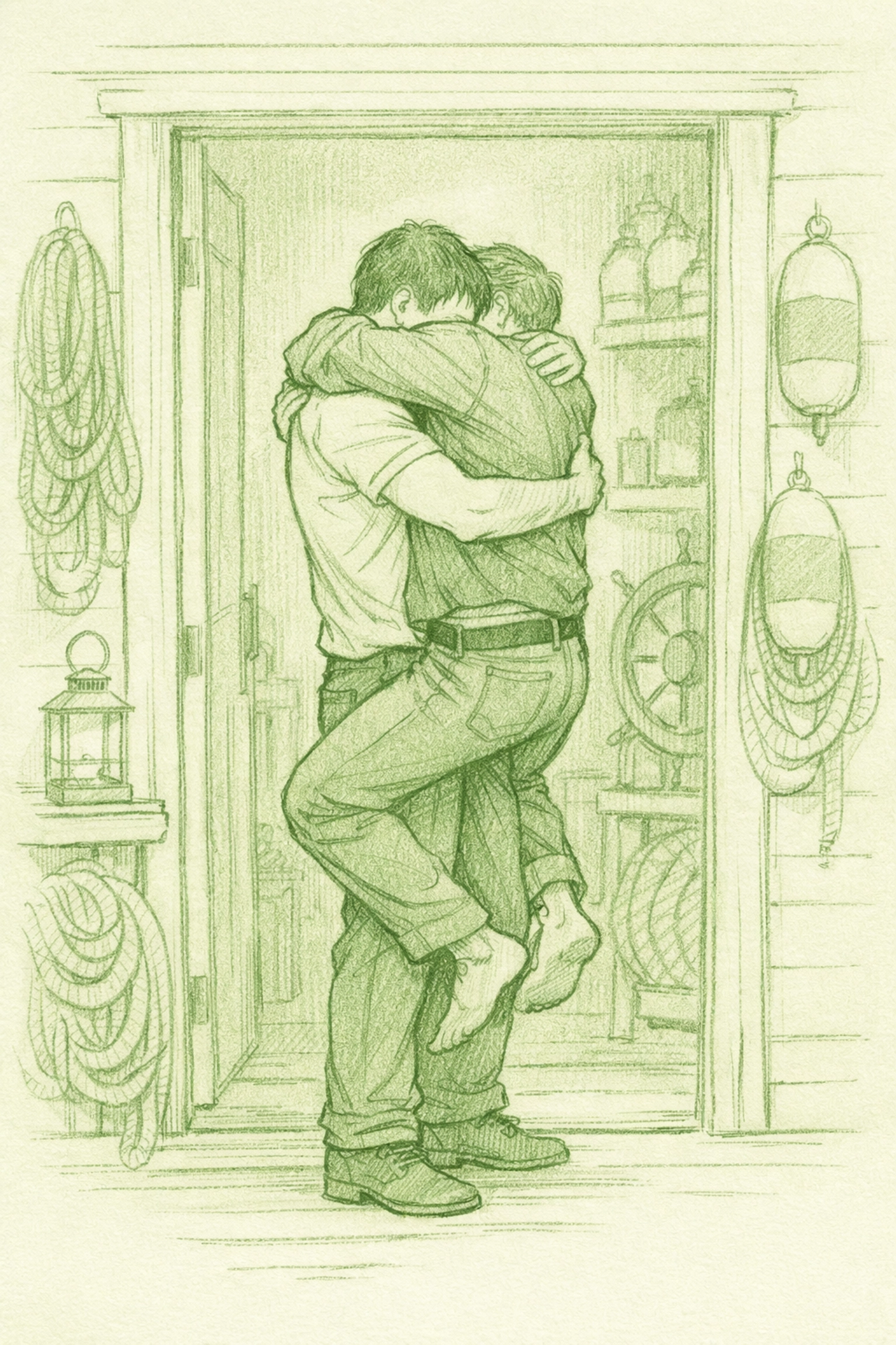 Two men embracing in maritime shop doorway - passionate gay romance reunion scene