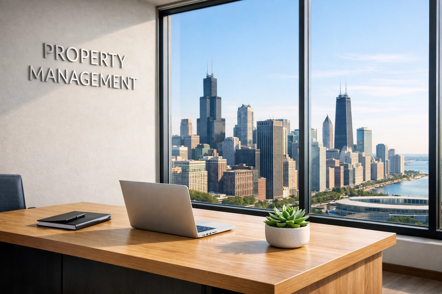 Modern property management office overlooking a metropolitan skyline, symbolizing centralized regional cleaning control.