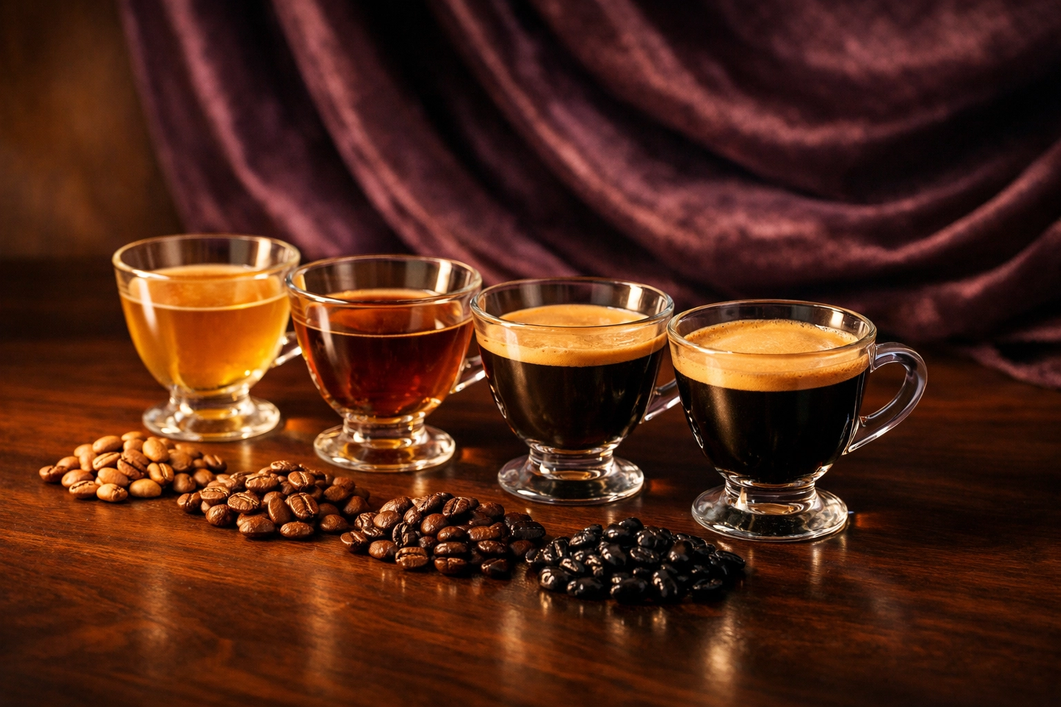 A variety of specialty coffee roast profiles in elegant tasting cups on a luxurious dark wood surface.