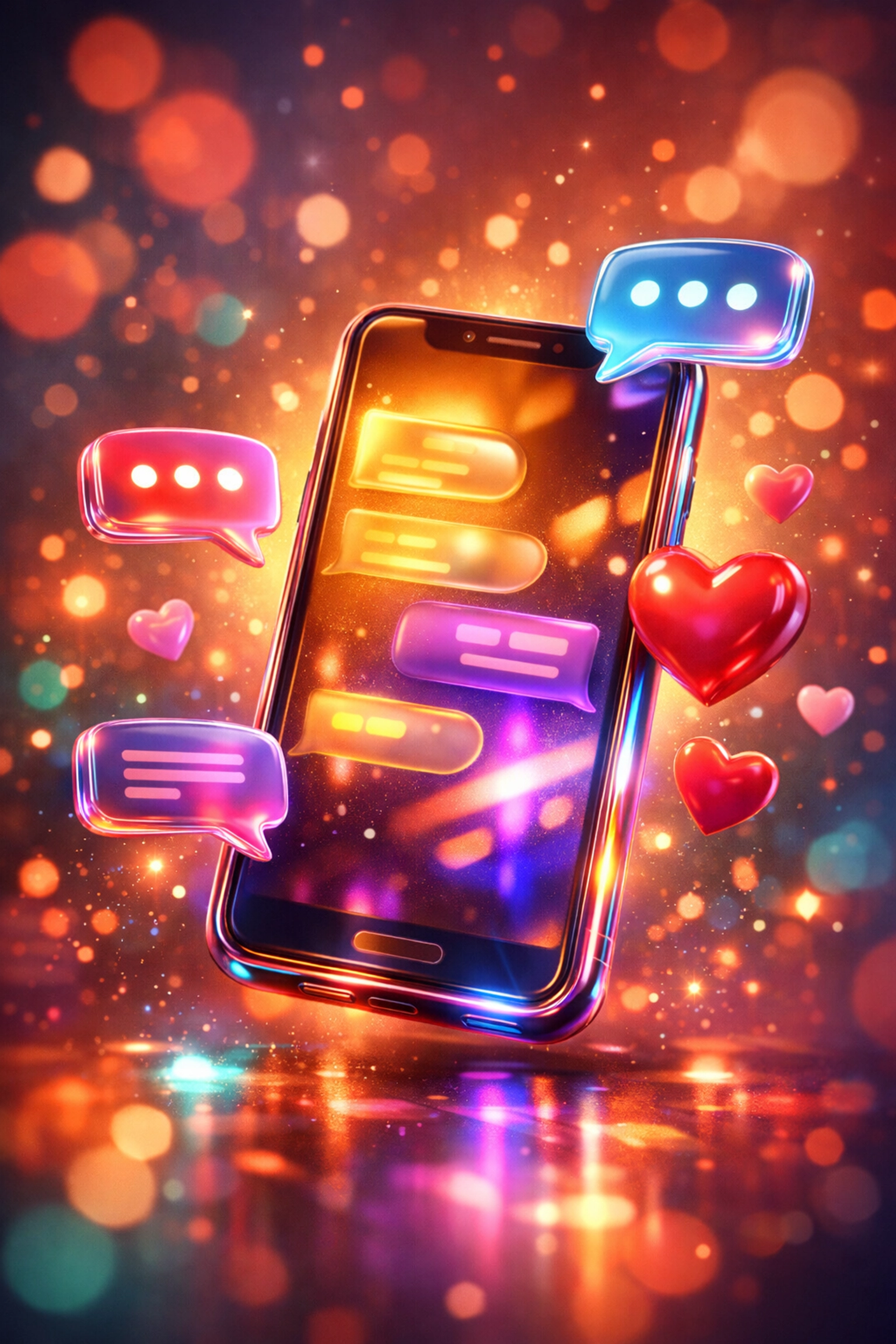 Smartphone with AI sexting messages and flirty emojis floating in digital space