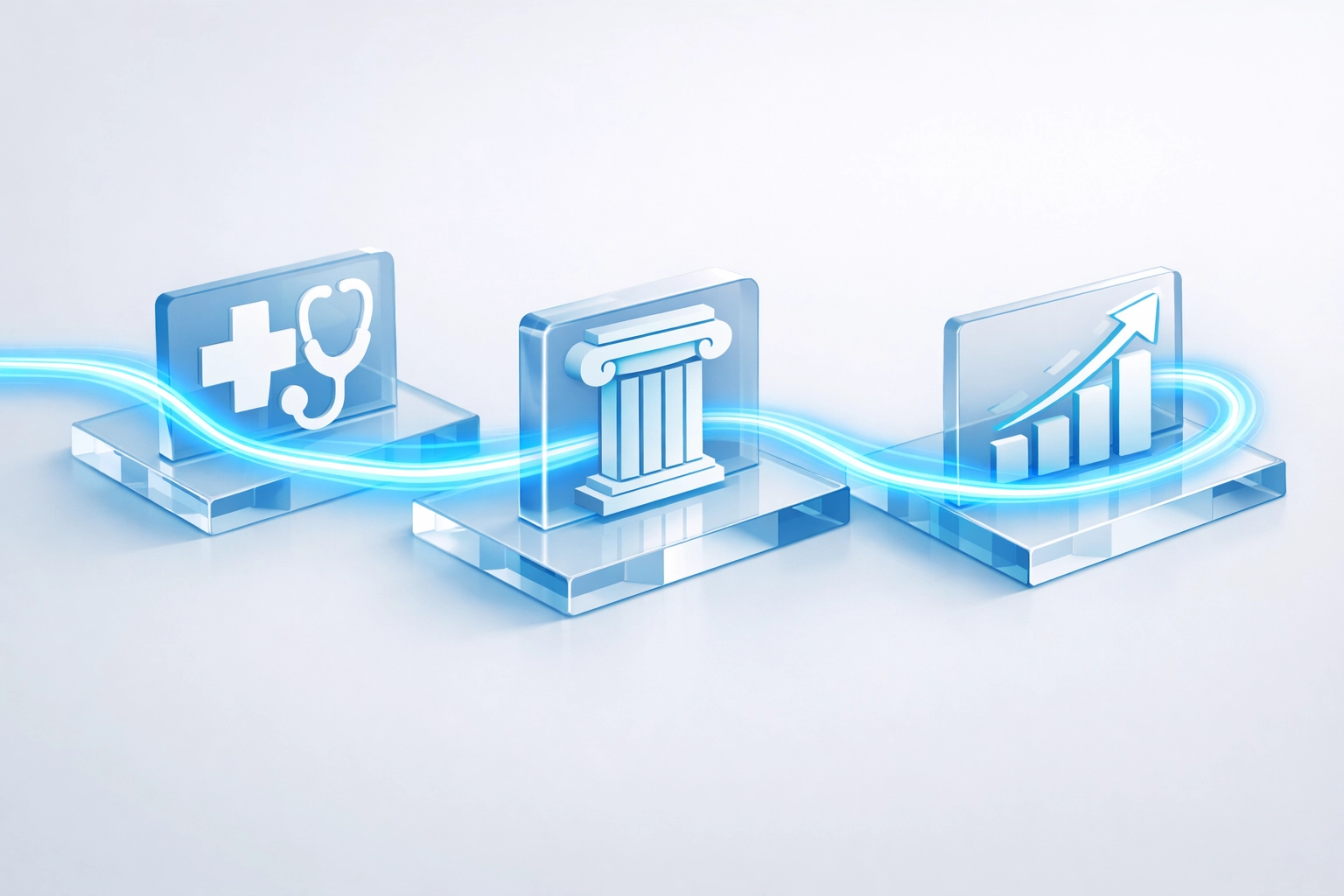 A stream of data-light connecting legal, medical, and financial platforms to show cross-industry automation.