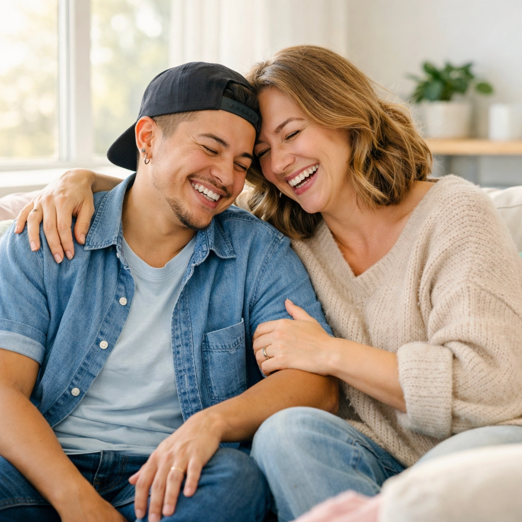 Trans man sharing a joyful, supportive moment, highlighting the power of feeling truly seen in therapy.