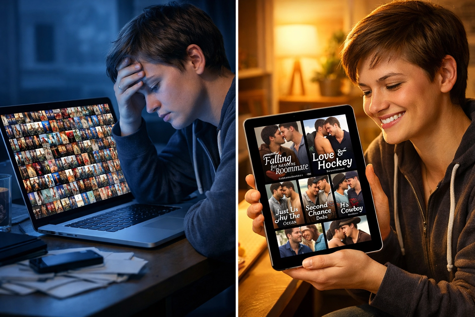 Curated LGBTQ+ book collection vs overwhelming algorithm results on tablet and laptop screens