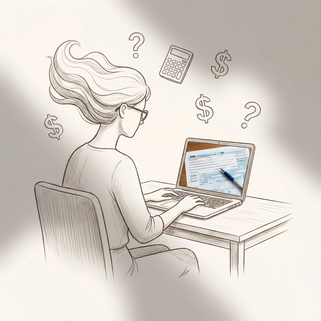 Person at tidy desk with laptop and tax icons, representing the start of individual tax preparation