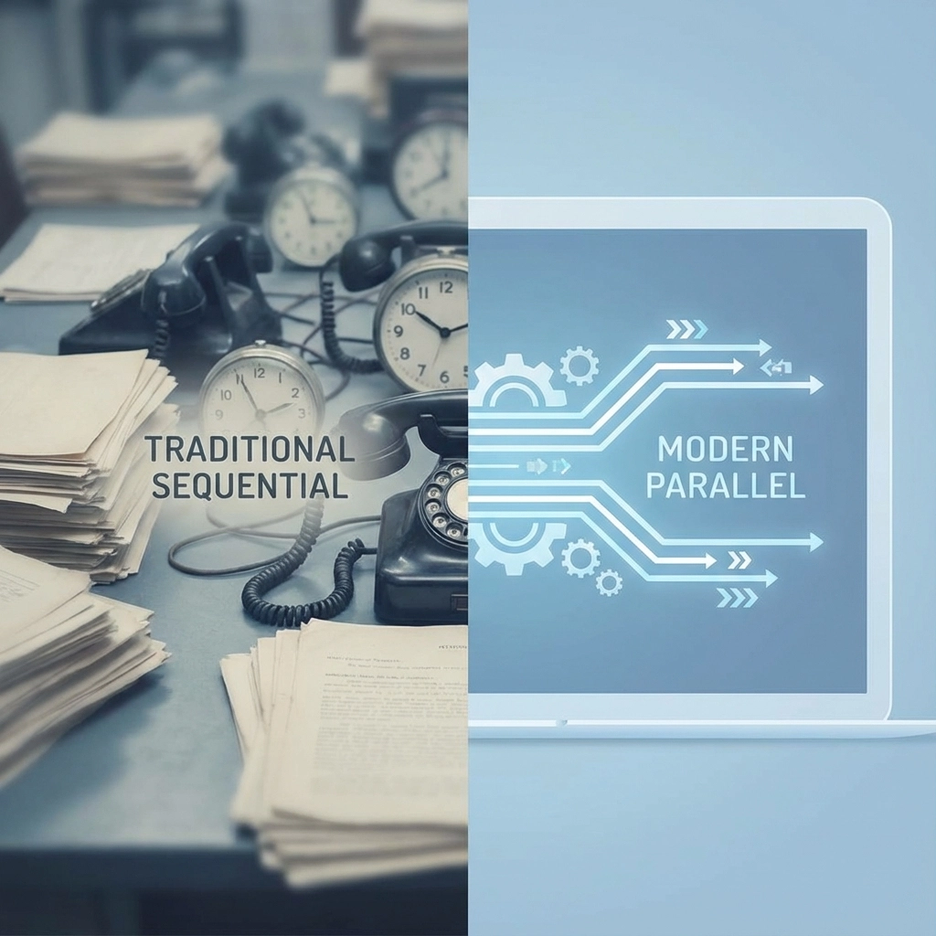 Parallel processing timeline of a veteran referral using Smart Admissions from 2:00–2:06 PM, ending with confirmed availability
