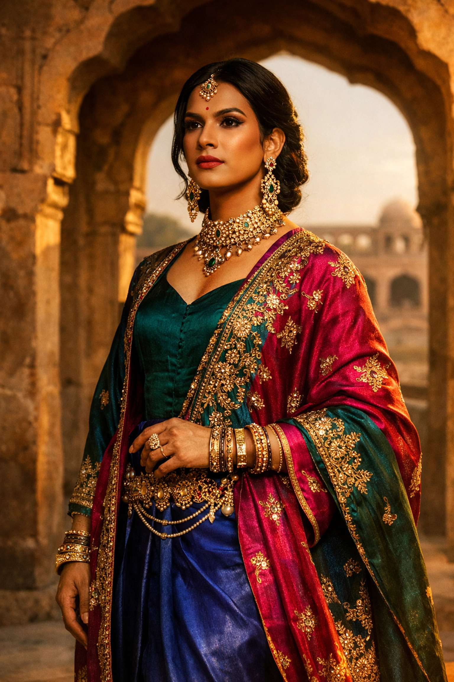 South Asian Khwaja Sira individual in traditional attire, representing historical transgender identity in Pakistan.