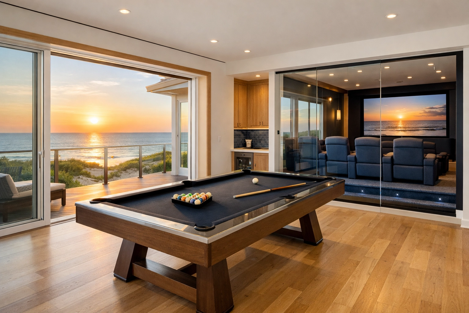 Luxury game room and private movie theater in a Corolla oceanfront estate with views of the Atlantic Ocean. Luxury game room and private movie theater in a Corolla oceanfront estate with views of the Atlantic Ocean.