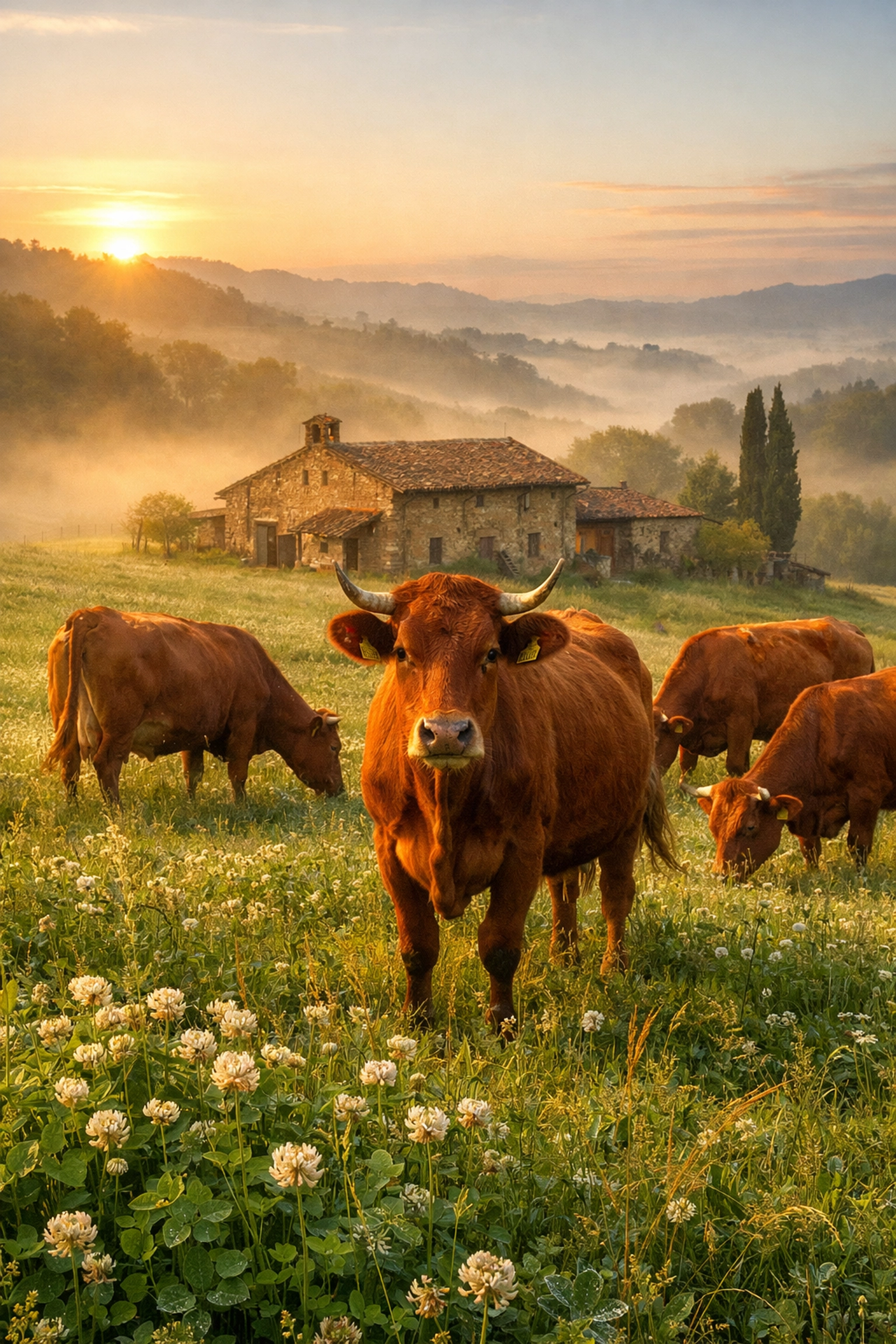 Reggiana cows grazing in Emilia-Romagna, the source of milk for authentic Parmigiano Reggiano.