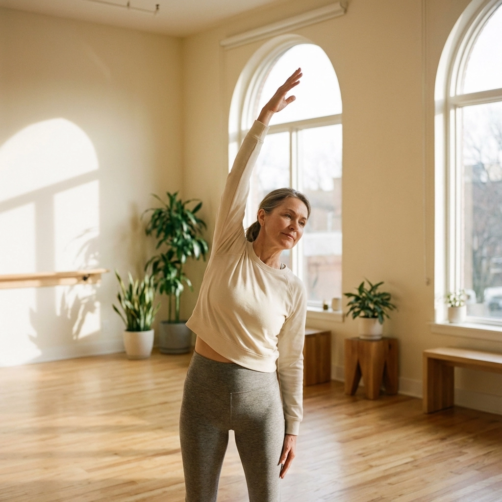 Middle-aged woman stretching in a bright studio, showing joint mobility benefits of peptide therapy over 40