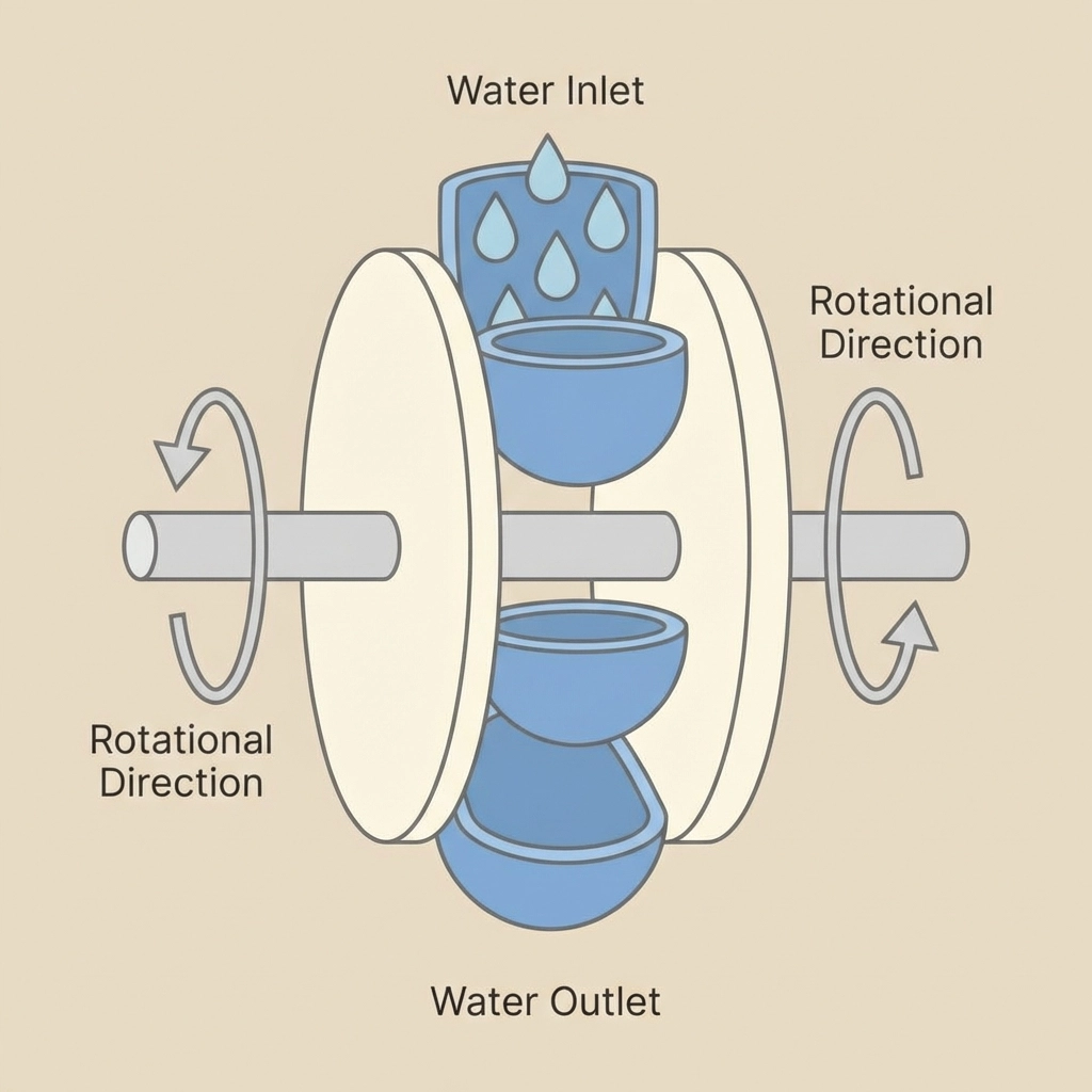 Cross-section illustration of a miniature waterwheel with four cup-shaped paddles and rotational arrows