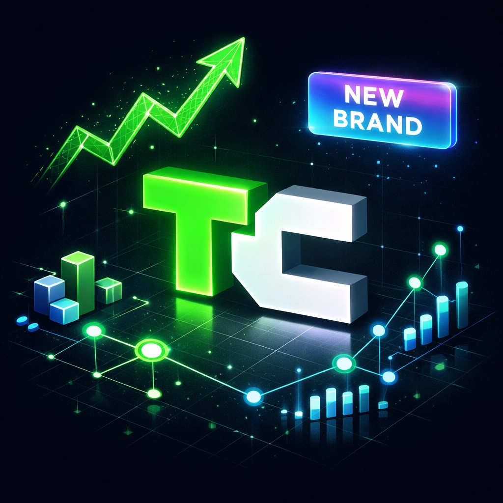 TechCrunch logo with upward growth arrow and new brand indicator for Series A startup PR strategy