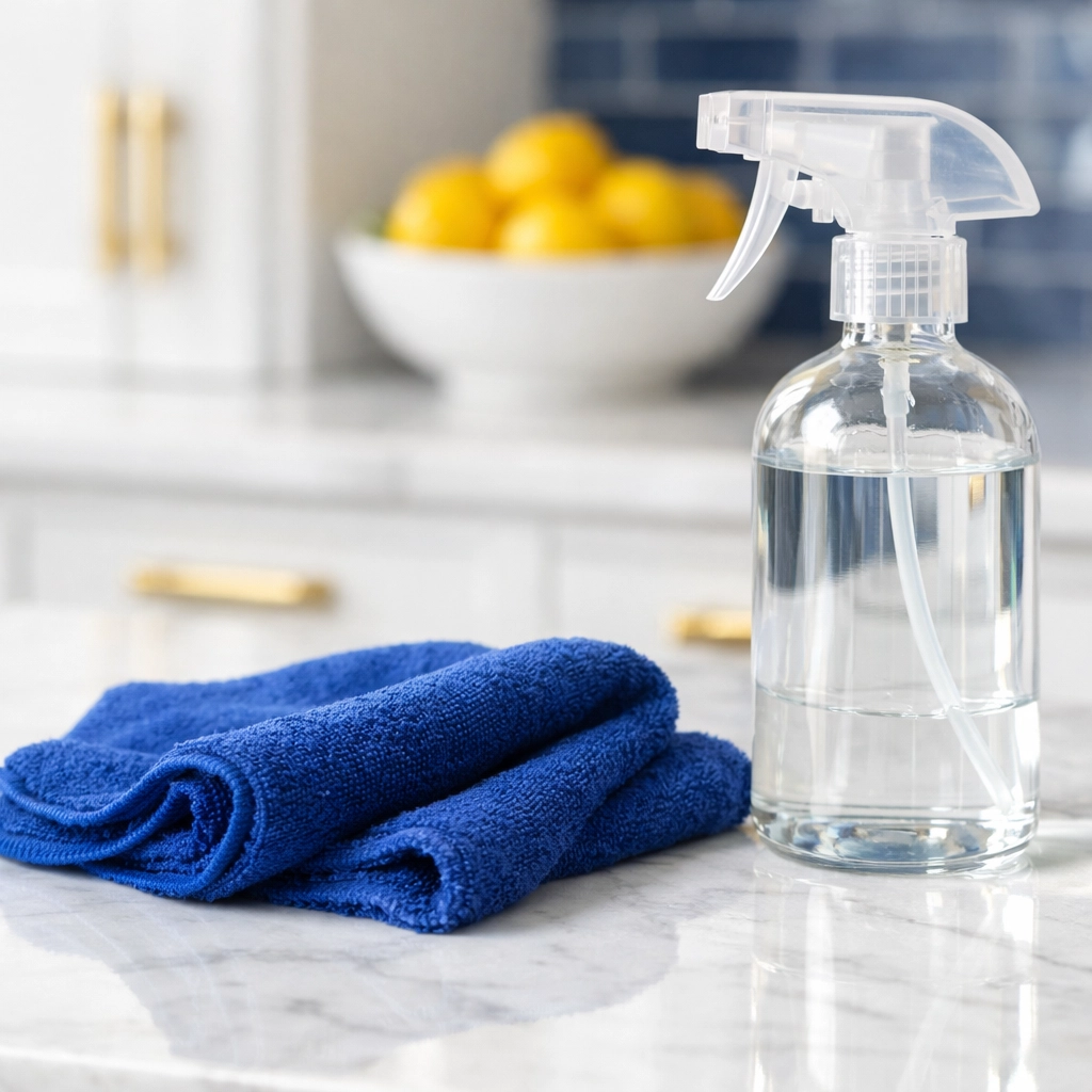 Eco-friendly cleaning tools on a sanitized white marble kitchen counter in a Harvard, MA apartment.