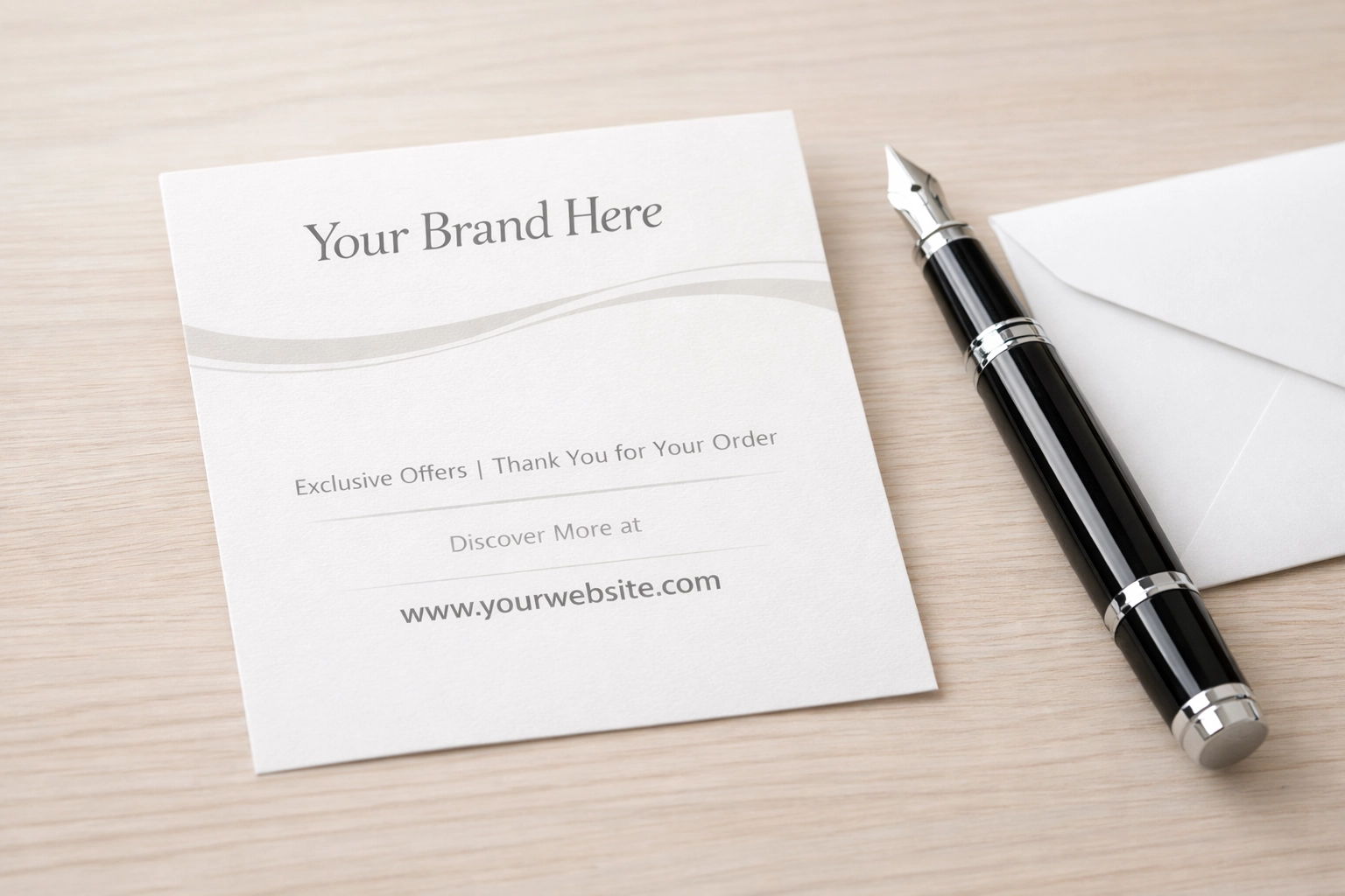 Minimalist invoice stuffer insert on a desk, used for daily marketing and customer loyalty.