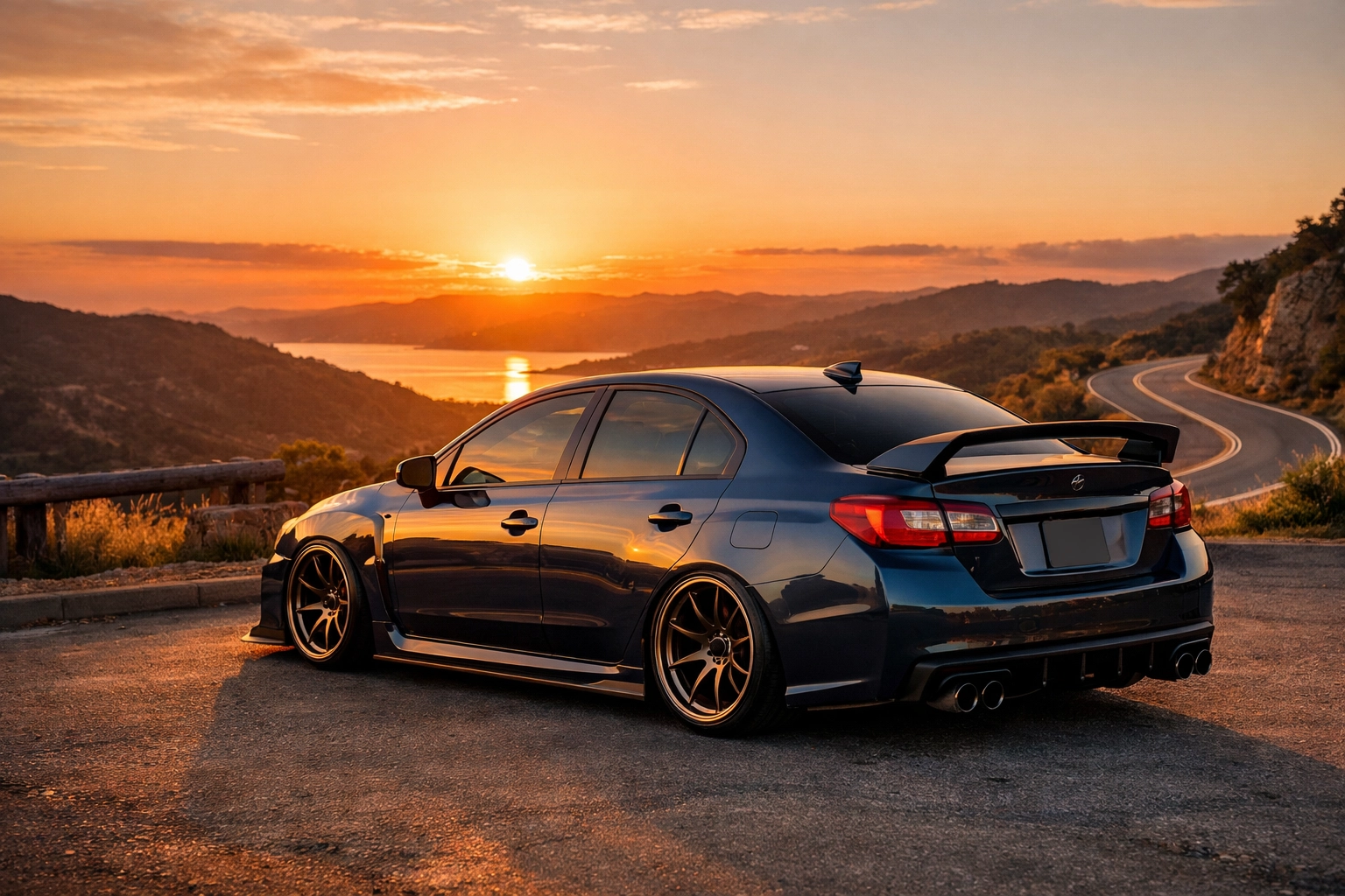 A perfectly modified sports sedan with a balanced lowered stance on a scenic drive.