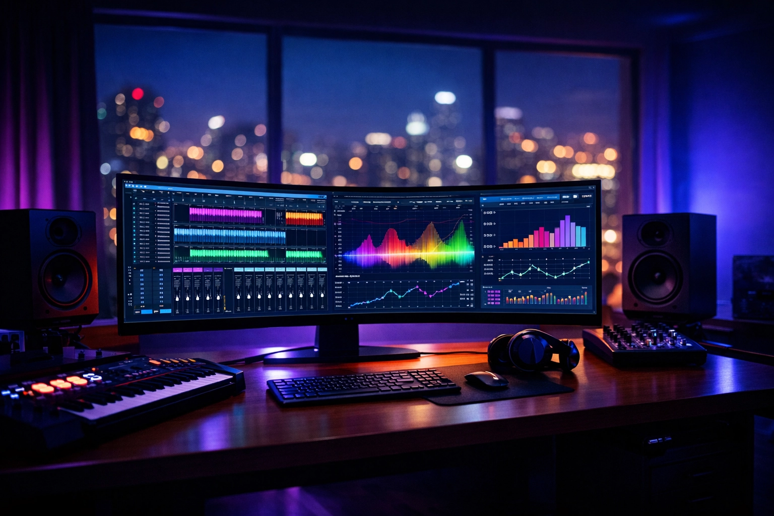 High-tech music studio with streaming data analytics for Spotify algorithm and release strategy.