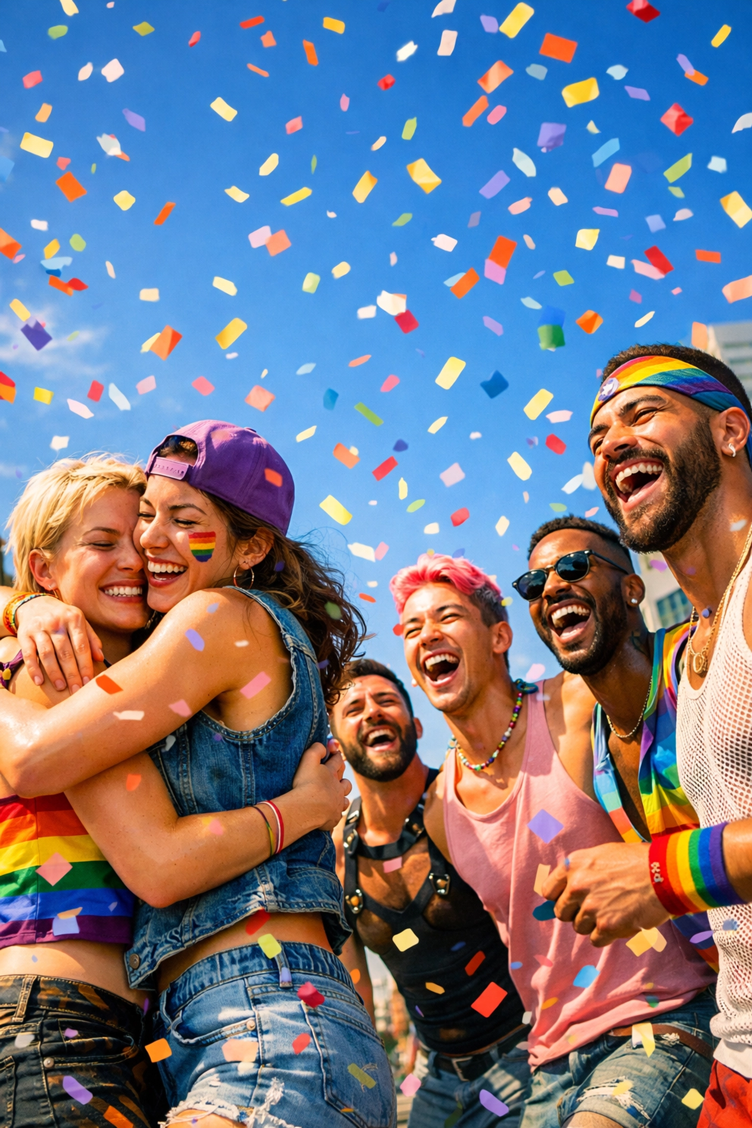 A diverse group of queer friends celebrating with rainbow confetti under a bright blue sky.