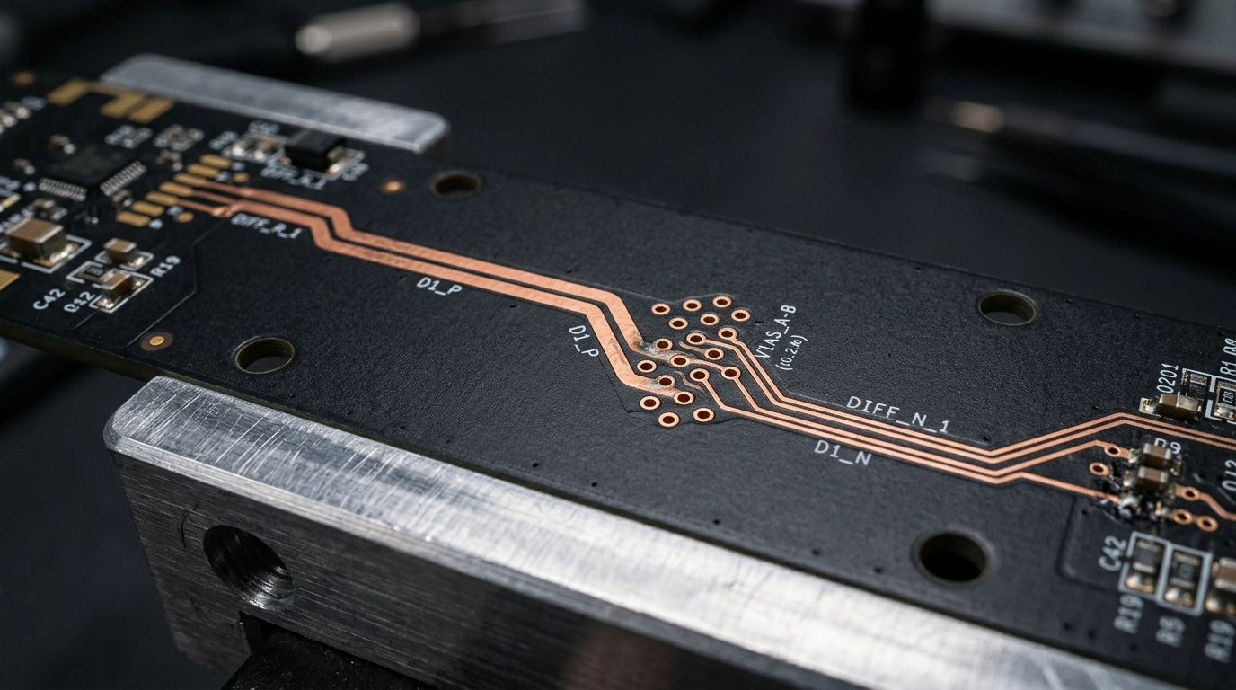 Macro photography of a high-speed differential pair on a matte black PCB with tight impedance-controlled routing and via transitions