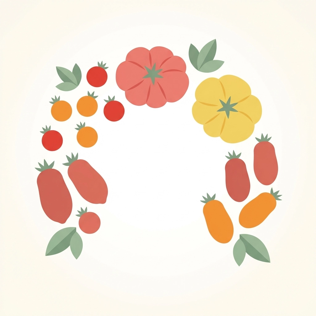 Various tomato varieties illustrated, including cherry, beefsteak, and roma, showing diversity in tomato types for home growing.