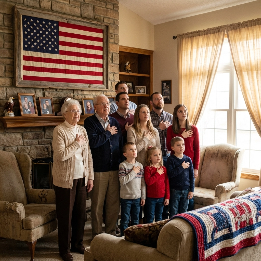 A multi-generational American family standing with hands over hearts in a sunlit living room, honoring the Pledge of Allegiance together.