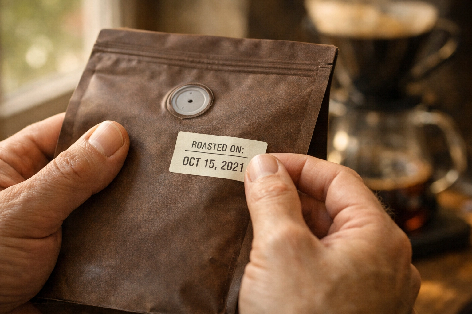 Checking roast date on coffee bag label for freshness verification