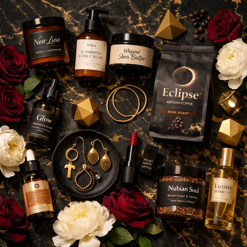 Collection of luxury Black-owned products including candles, beauty items, and jewelry