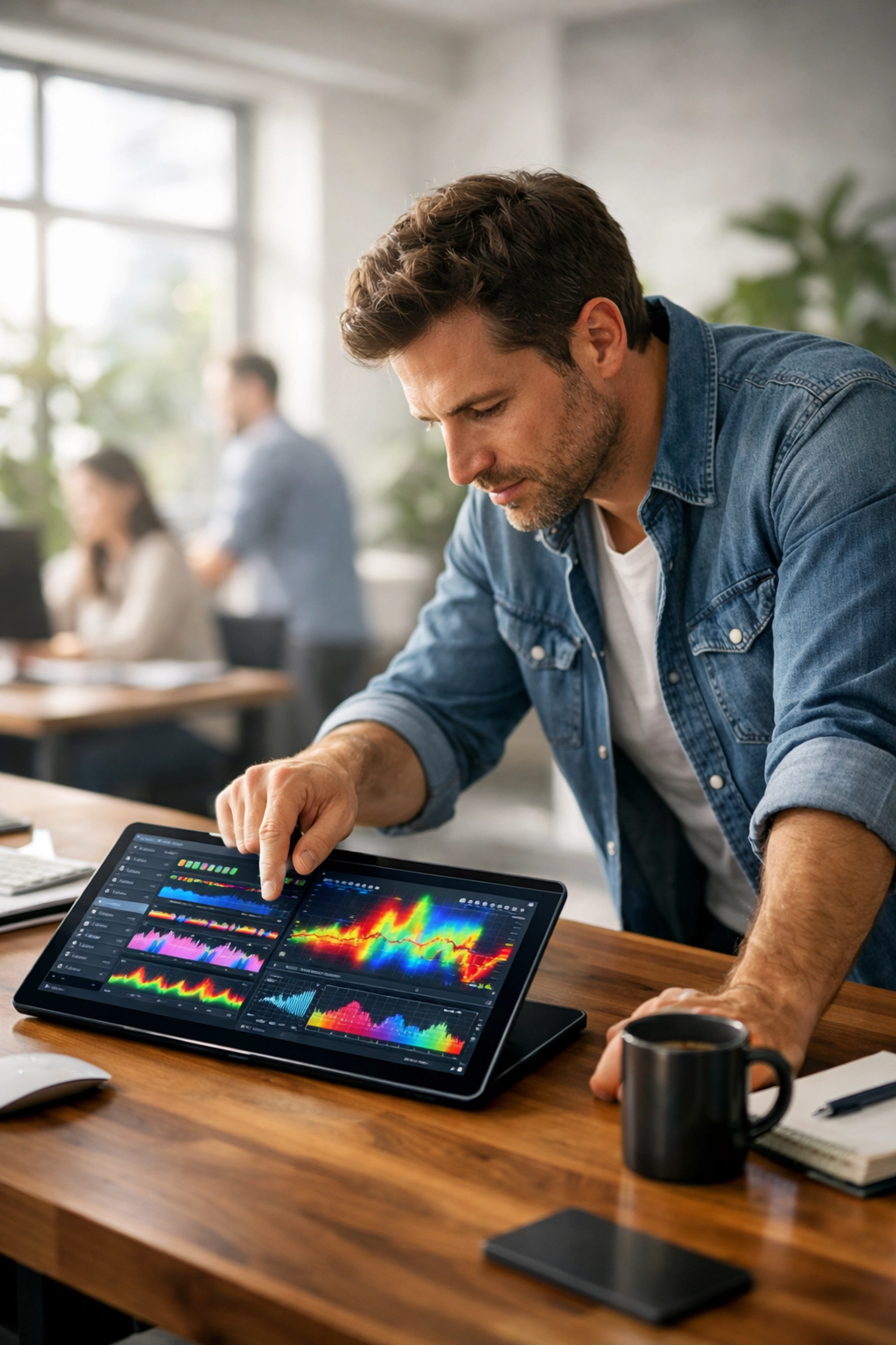 Modern newsroom editor using a digital tablet for data-driven storytelling and local news transformation.