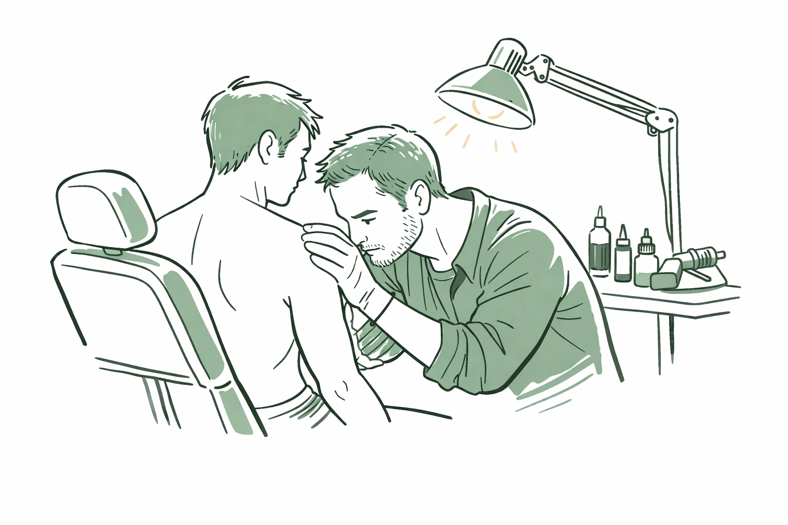 Gay tattoo artist examining client's bare shoulder in intimate studio setting for MM romance story