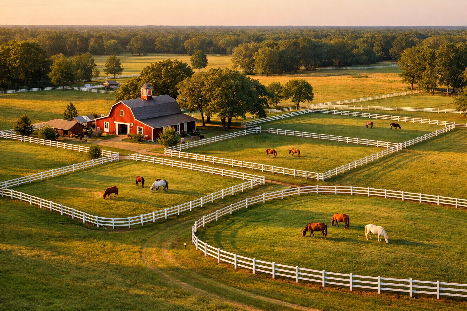 Aerial view of horse farm for sale in Waxhaw NC with fenced pastures and barn