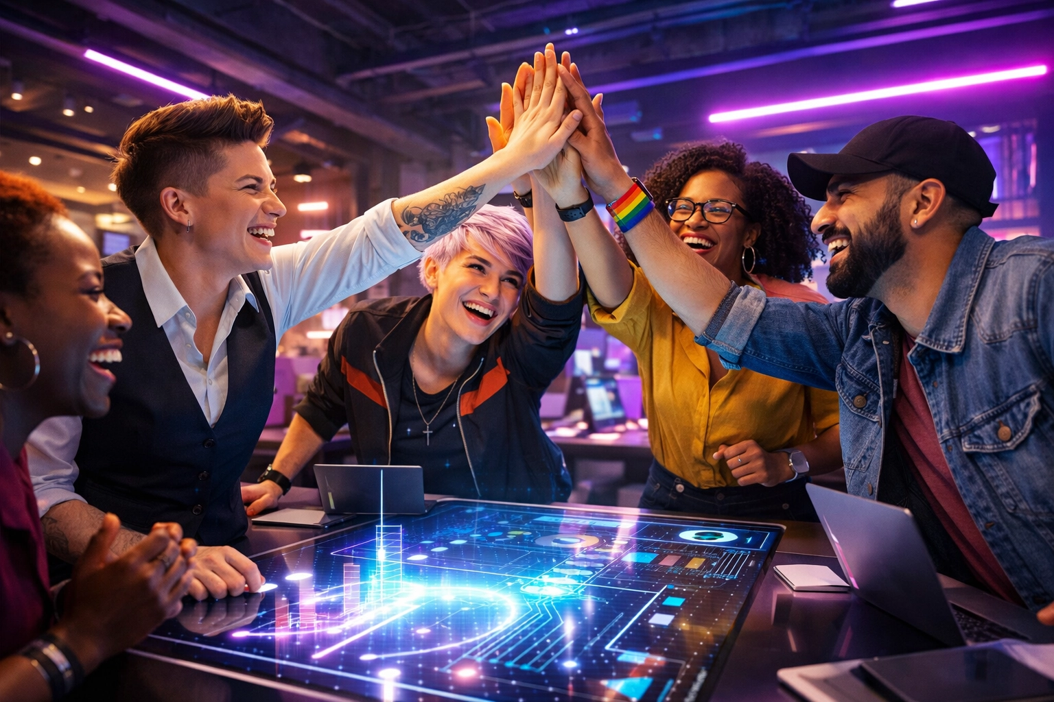 Diverse queer professionals and non-binary colleagues collaborate and celebrate in a futuristic inclusive workspace.