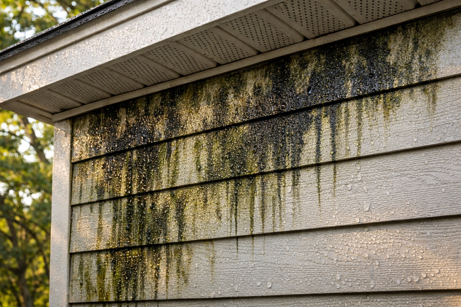 Mold and mildew growth on fiber cement siding of Gainesville home in humid climate