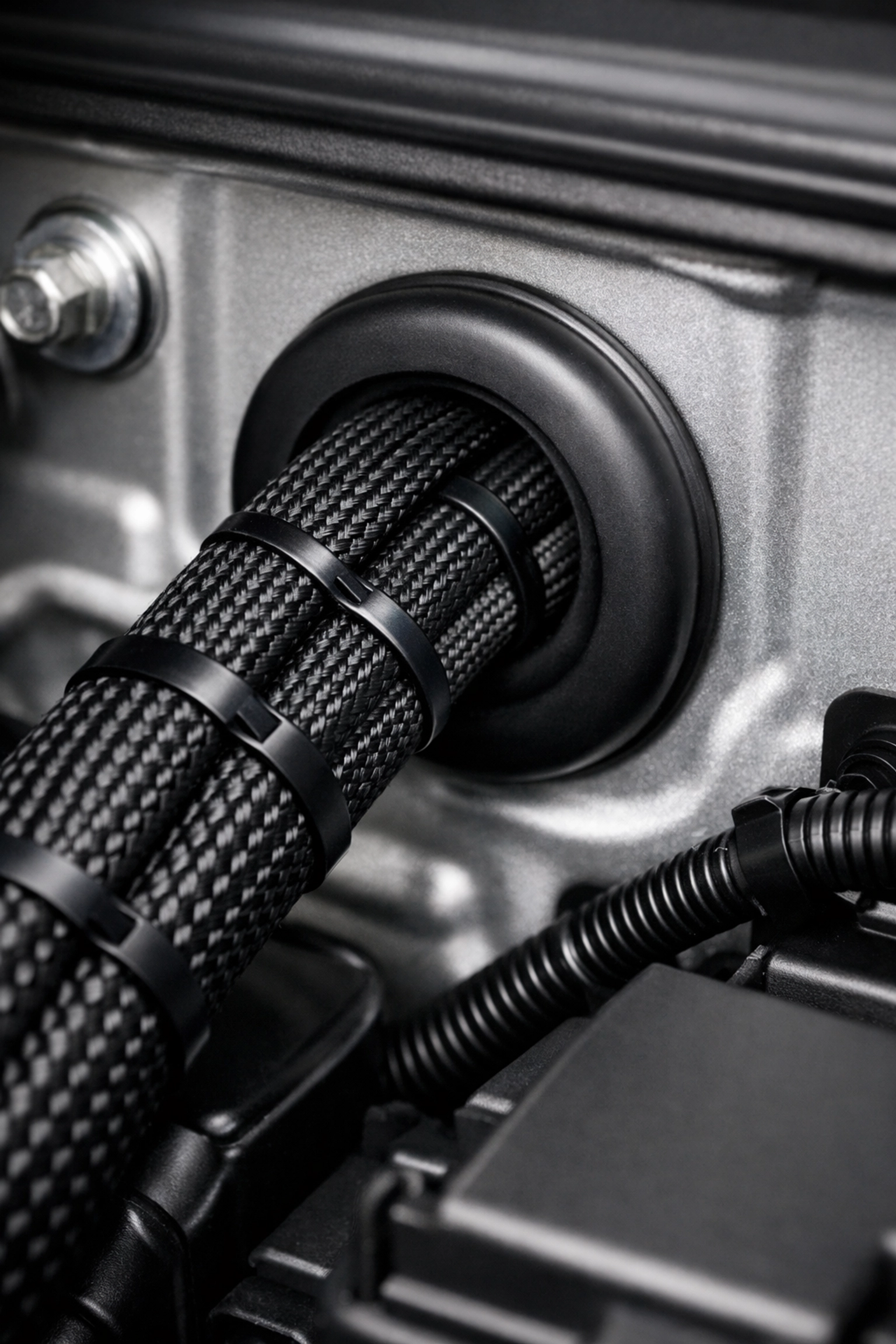 Securely bundled and organized police vehicle wiring harness using professional braided sleeving.