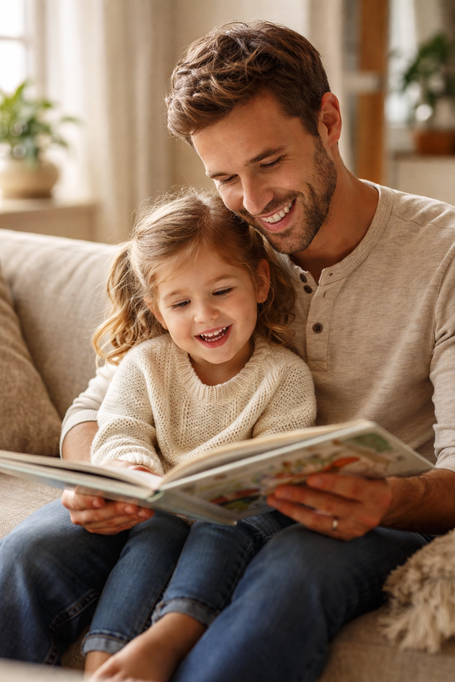 Parent reading to child in a sunlit living room, highlighting supportive early intervention ABA for families in Tyrone