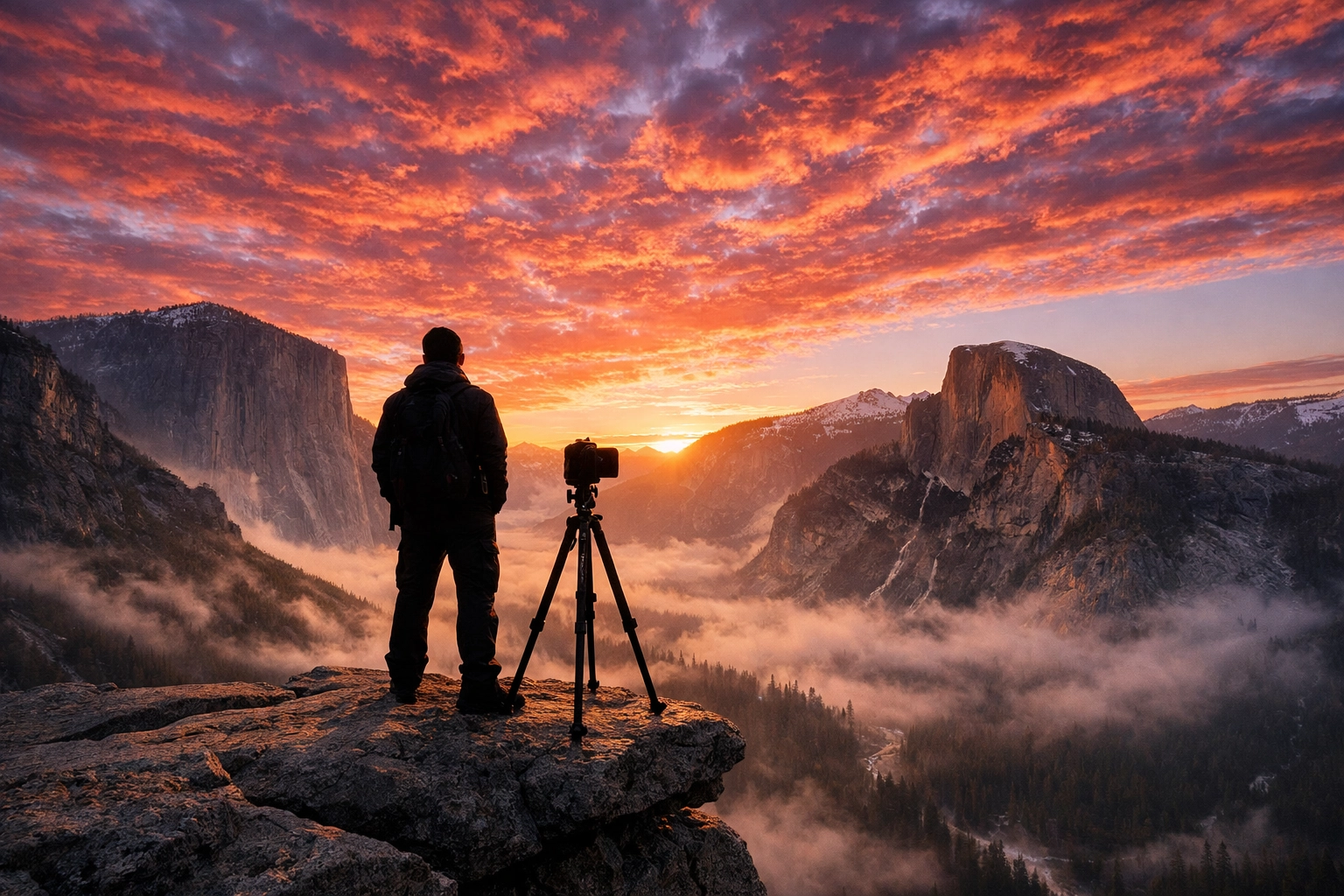 Photographer at a Yosemite National Park sunrise photo spot, representing a successful photography career.