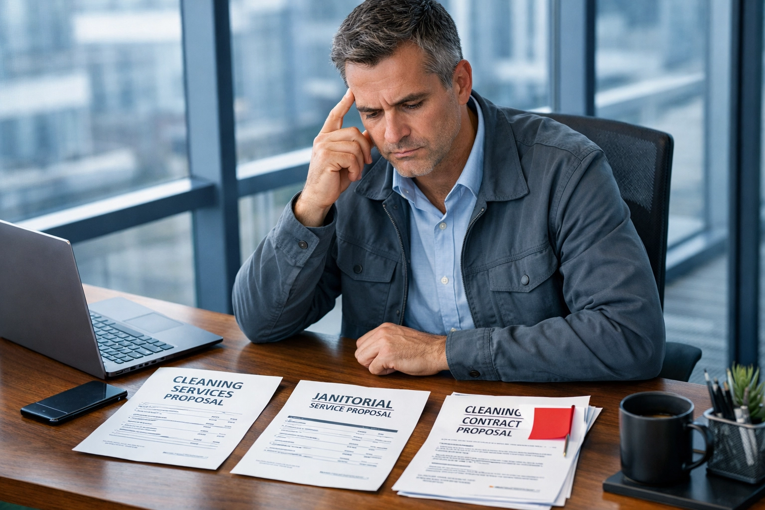 Facility manager reviewing commercial cleaning bids with concern over low-priced proposal