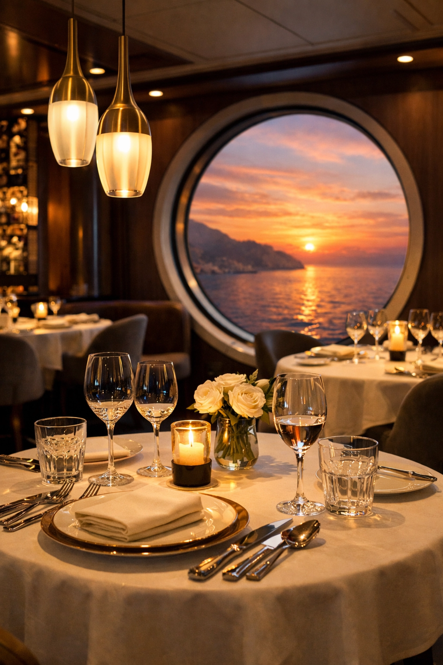 Elegant specialty restaurant on Oceania Sonata with fine dining settings and a Mediterranean sunset view.