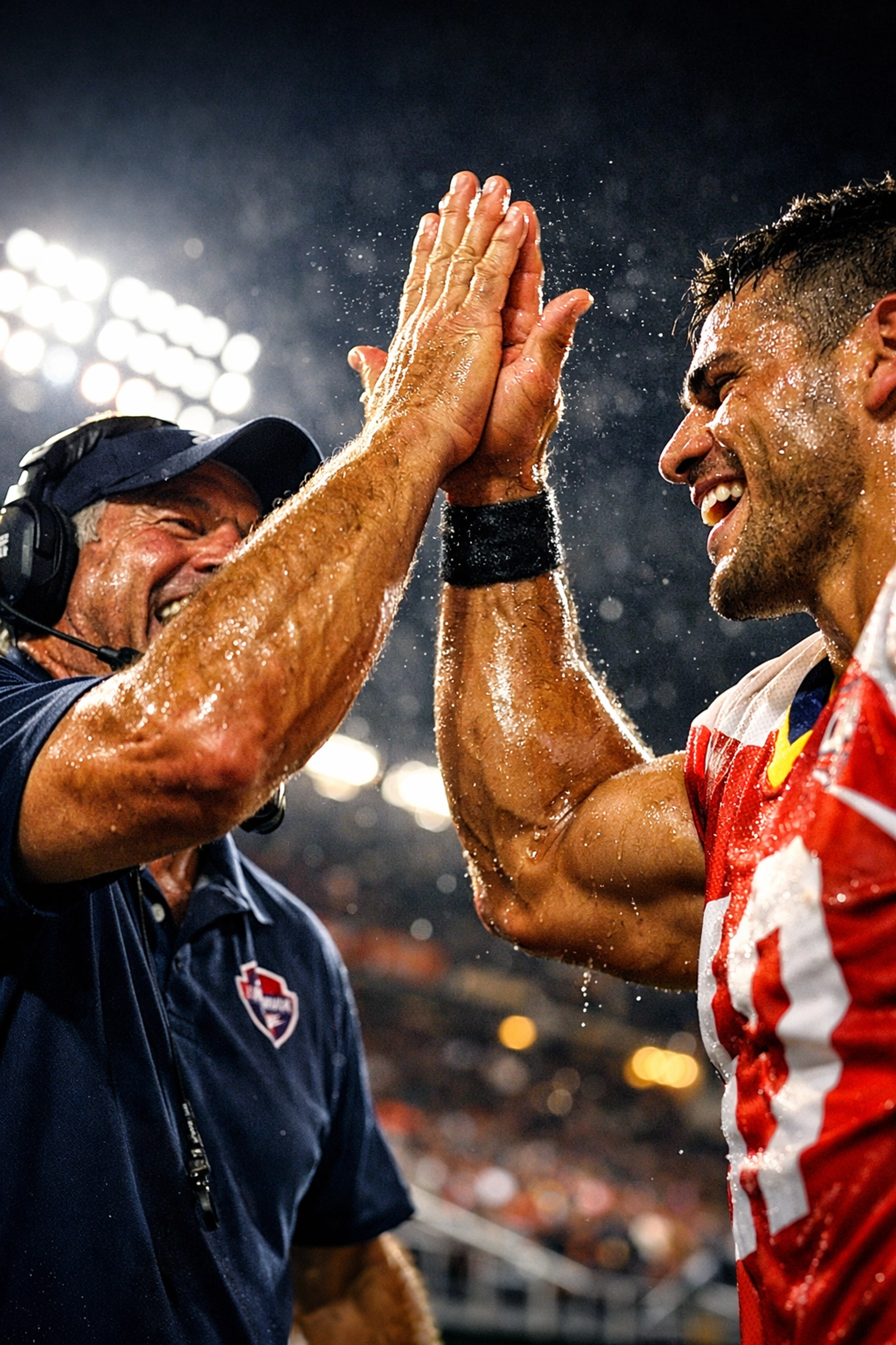 A coach and athlete celebrate with a high-five under stadium lights, showing sports leadership and success.