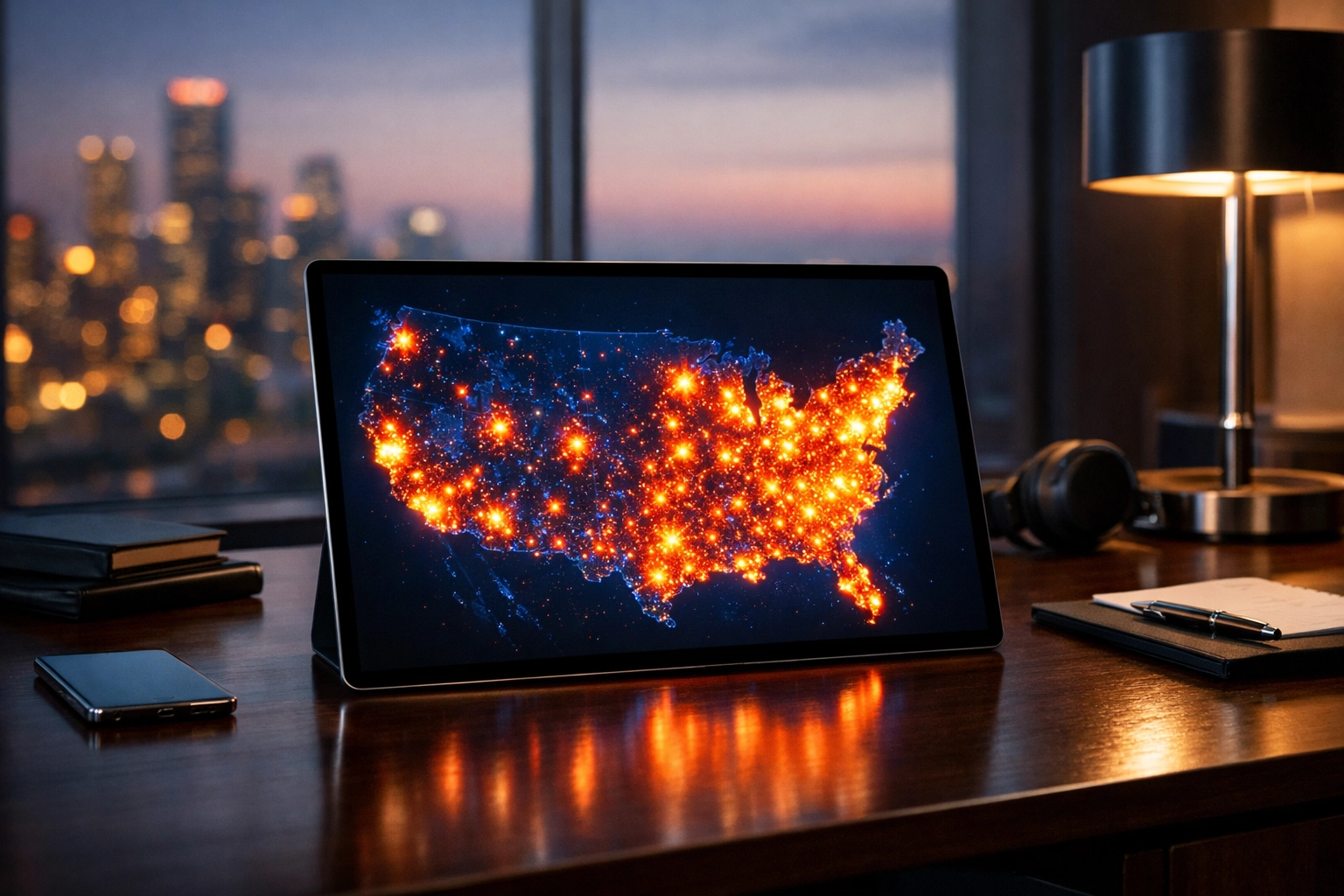 Digital heat map on a tablet showing national student-athlete reach for multi-channel NIL advertising.