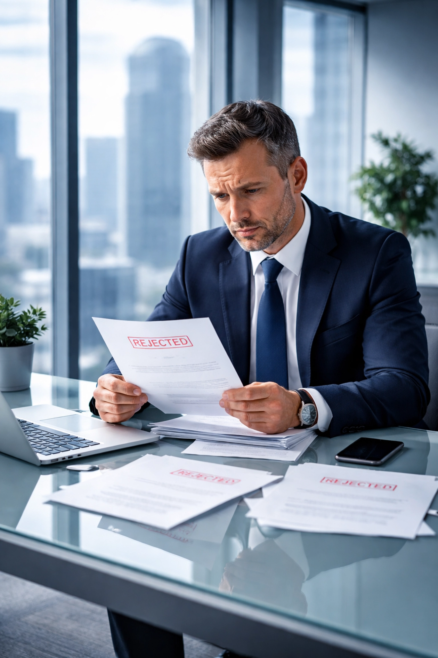 Frustrated business executive reviews high risk merchant account rejections in modern office setting