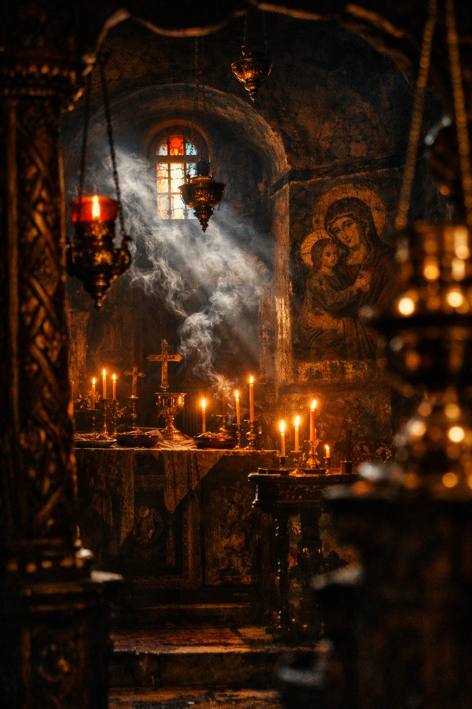 Greek Orthodox church interior with candlelight and Byzantine frescoes in Athens