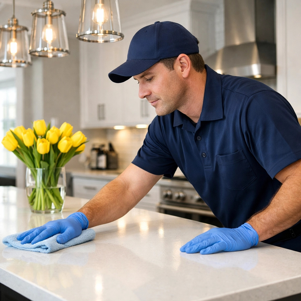 Professional cleaner from The Cleaning Ninjas Inc wiping a kitchen counter during move-in cleaning in Boston.