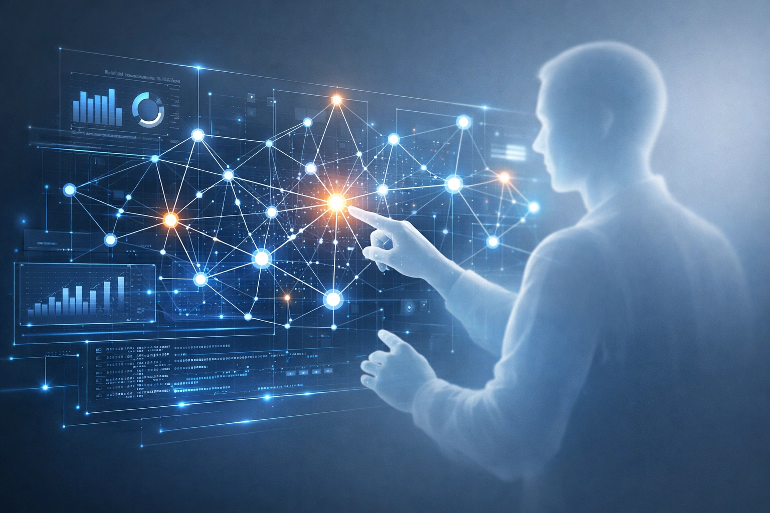Digital interface showing interconnected nodes for managed IT resource management and strategy.