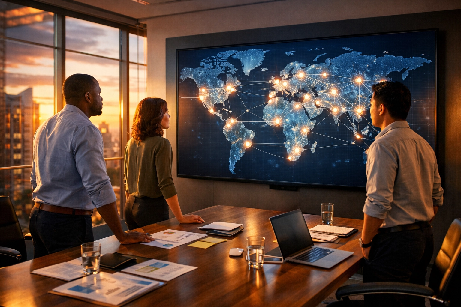 Dakdan Worldwide consultants analyzing a global media hub map for strategic sponsorship and advertising solutions.