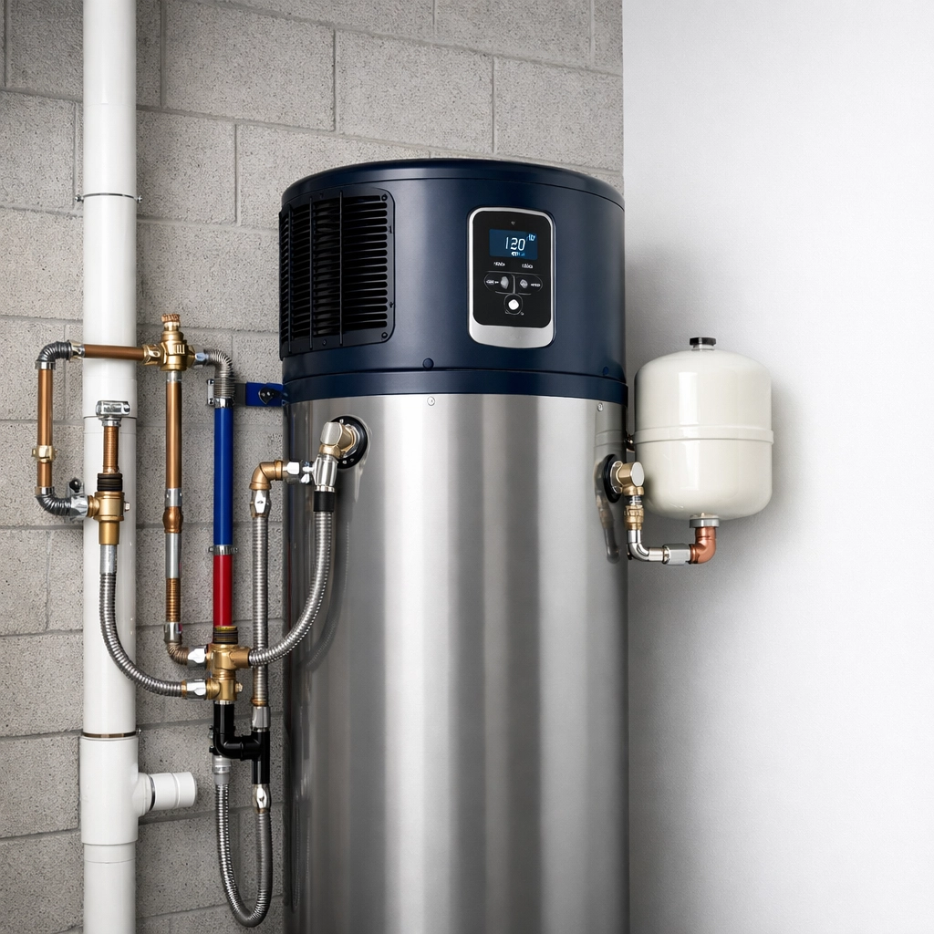 High-efficiency hybrid heat pump water heater professionally installed in a Scottsdale home utility room.