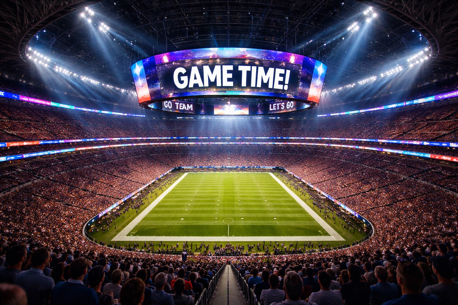 Professional sports stadium with LED screens and vibrant digital advertising during event