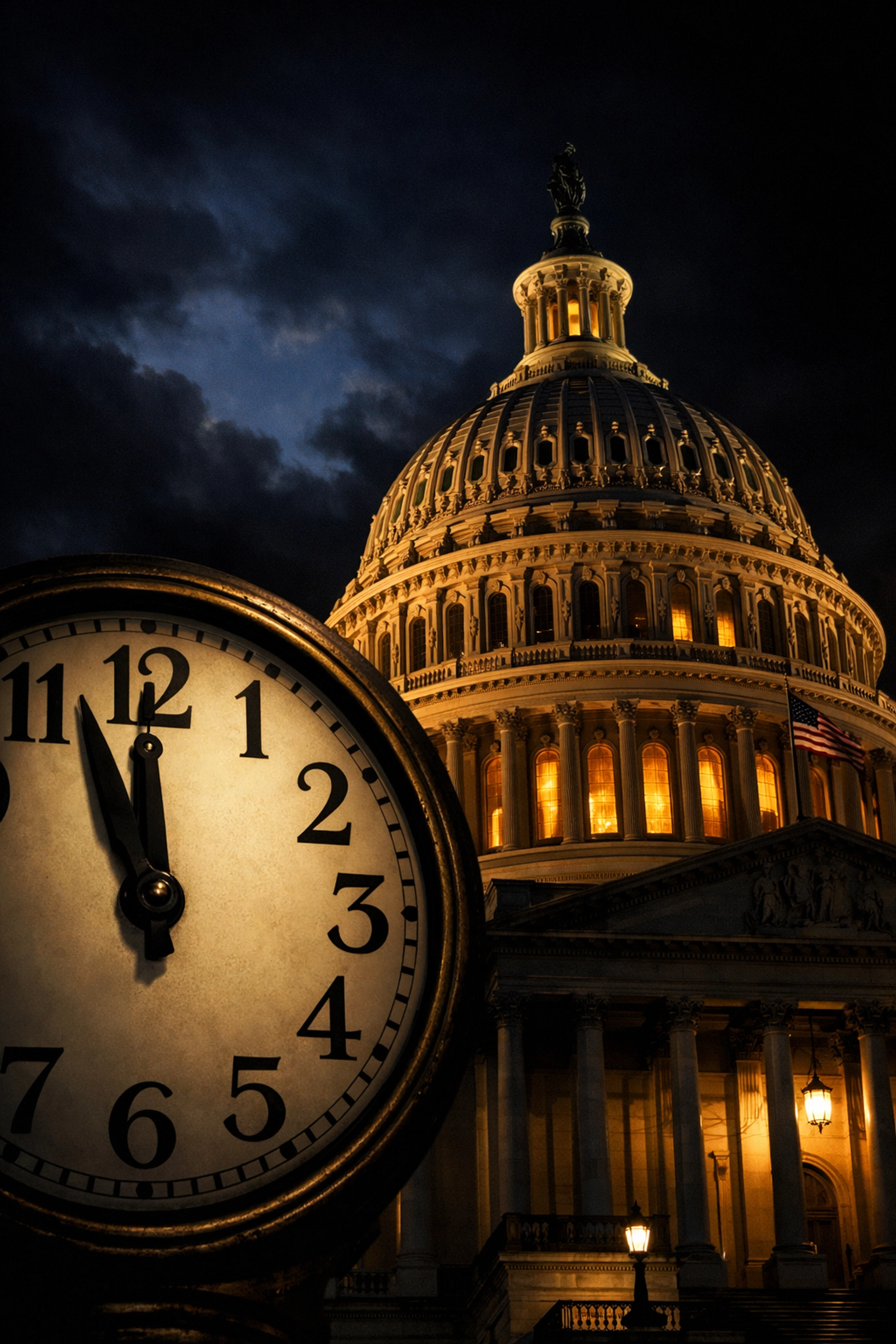 US Capitol building at night as DHS funding deadline approaches